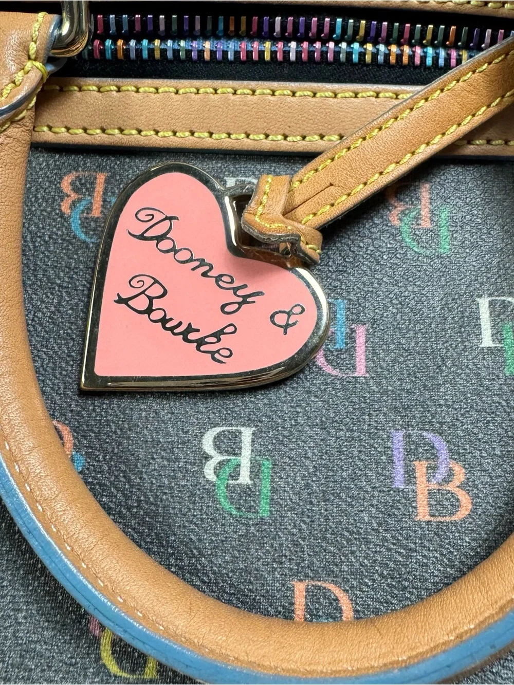 Dooney & Bourke DB Multicolor Monogram Round Satchel Leather Trim Bag Purse